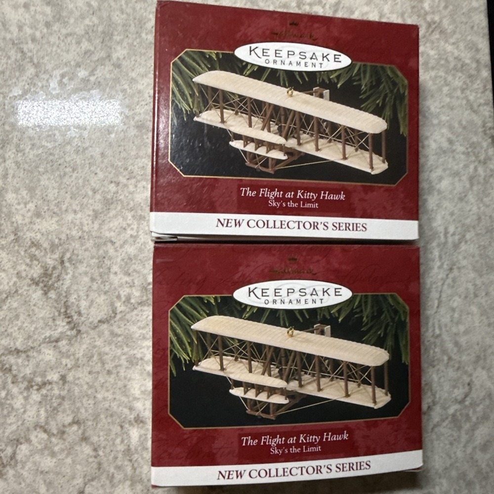 Two VTG Hallmark Keepsake Ornament The Flight at Kitty Hawk Airplane Ornaments